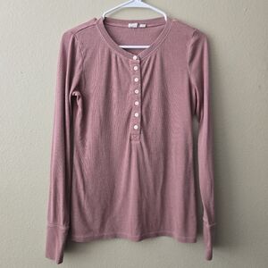 GAP Ribbed Henley T Shirt Women's Large Dusty Pink Long Sleeve Y2K